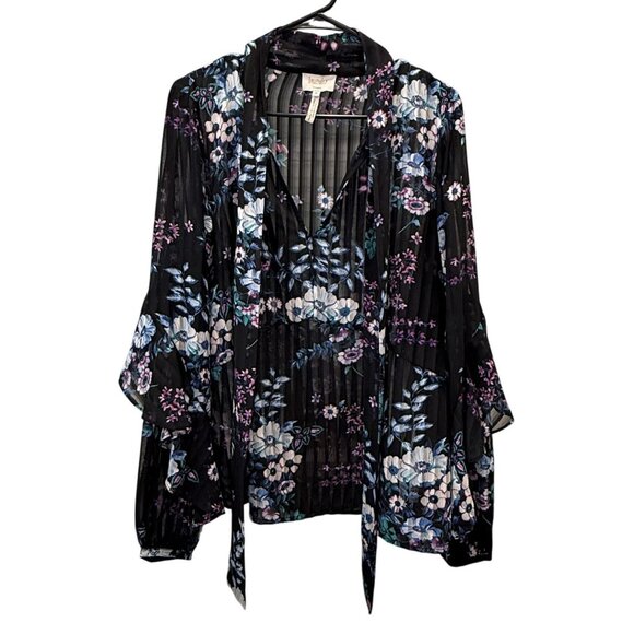 Laundry By Shelli Segal Black Sheer Floral Bell Sleeve Tie Front Blouse Sz 14 - Picture 1 of 8